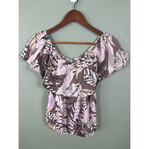 Unsubscribed Women's Size XS Floral Off The Shoulder Silk Casual Blouse Tops - Picture 7 of 8